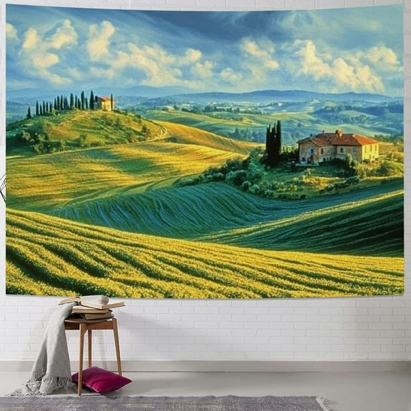 Patifu  Tapestry,  Landscape of Tuscany Road and Cypresses to Medieval Farmhouse Image,  Wall Hanging Decor for Bedroom Living Room Dorm 40x30inch