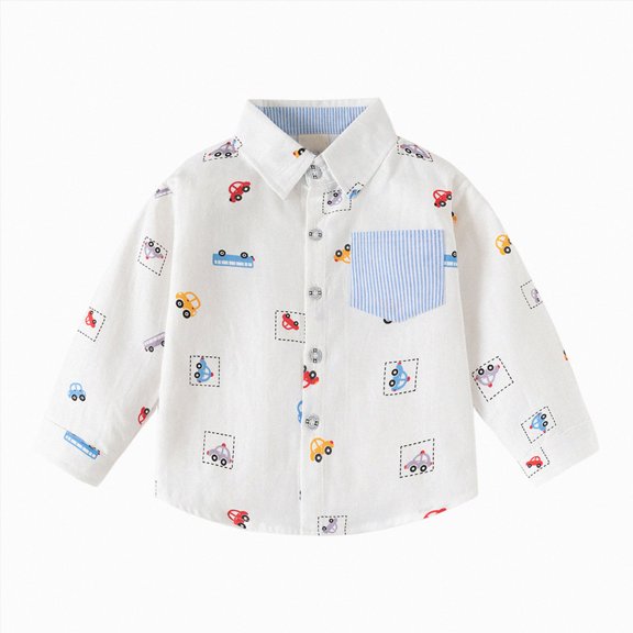 WXFAZCVU Baby Boy Clothes Button Down Shirt Cute Car Print Long Sleeved Top Everyday Wear Size 5-6 Years