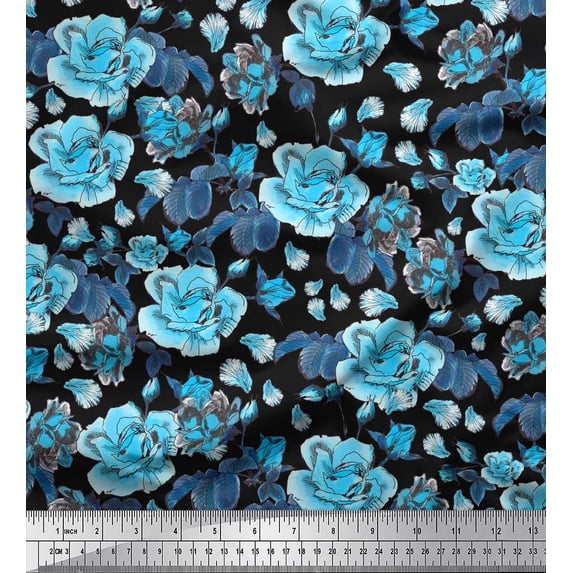 Soimoi Green Satin Silk Fabric Leaves & Floral Print Fabric by Yard 42 Inch Wide