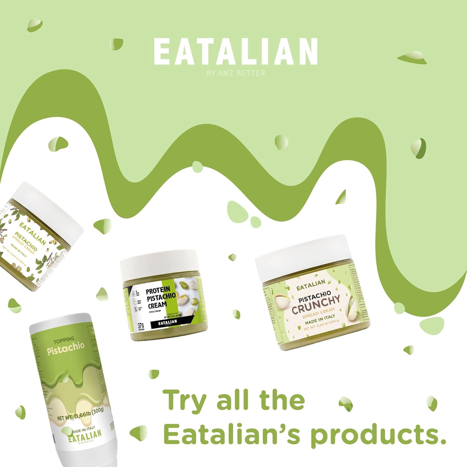 EATALIAN by AMZ BETTER Spreadable Crunchy Pistachio Cream 17.63 oz/500 gr, Pistachio Cream with Grains, Protein Paste, Sweet Taste, Ideal on Bread and Excellent for Dubai Chocolate, Made in Italy