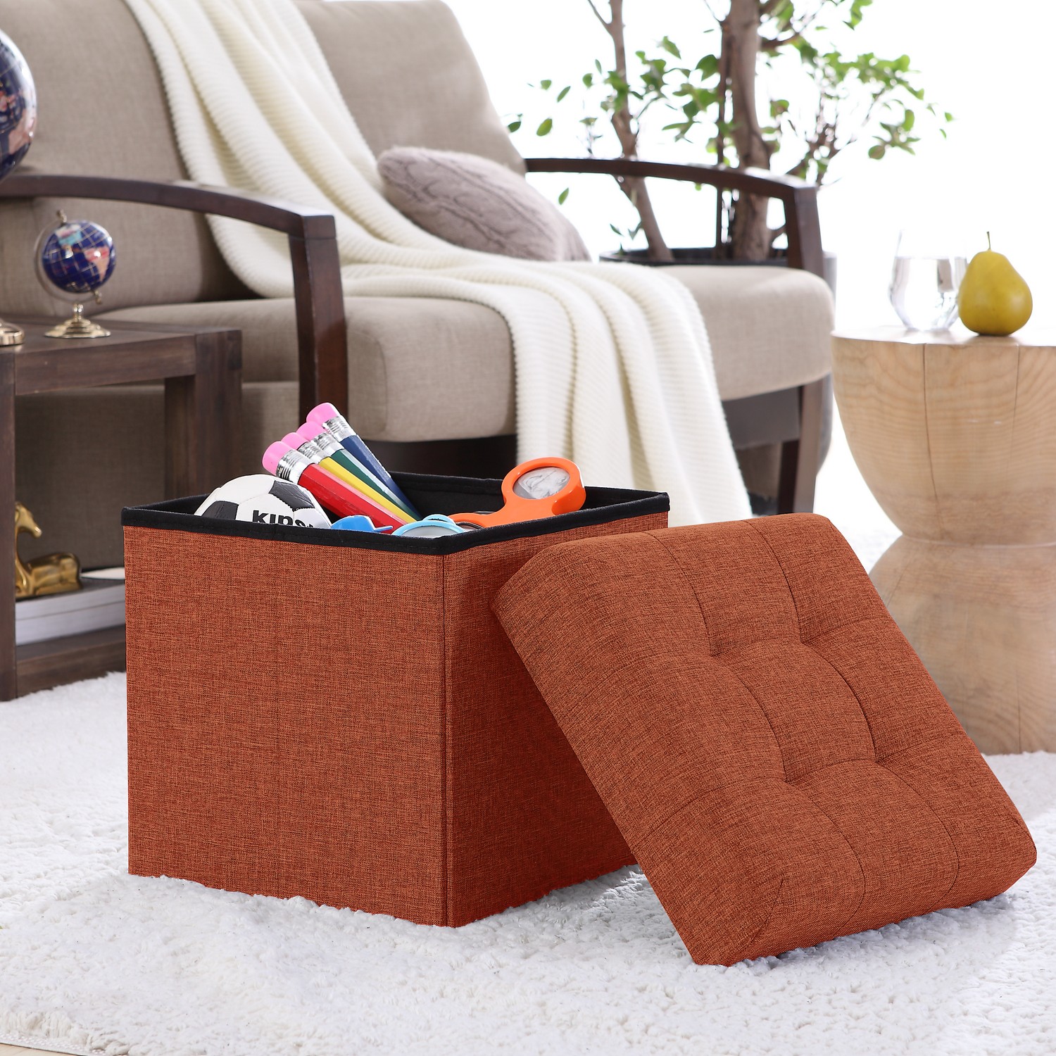 Ornavo Foldable Tufted Linen Storage Ottoman Cube Foot Rest Stool/Seat