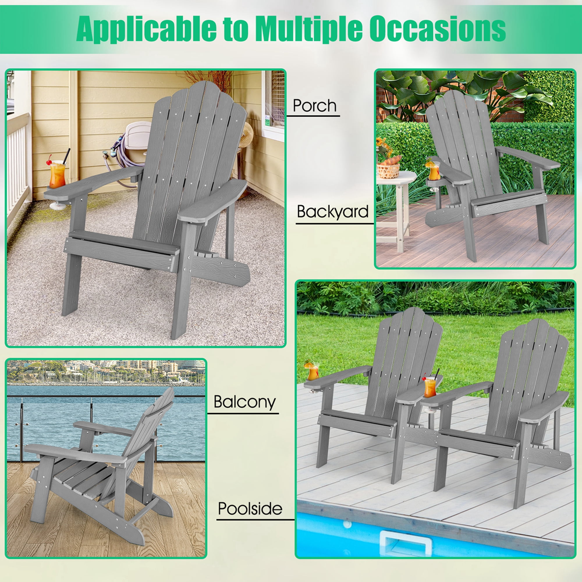 Costway Adirondack Chair HIPS Adirondack Chair with Cup Holder & Cushion Grey