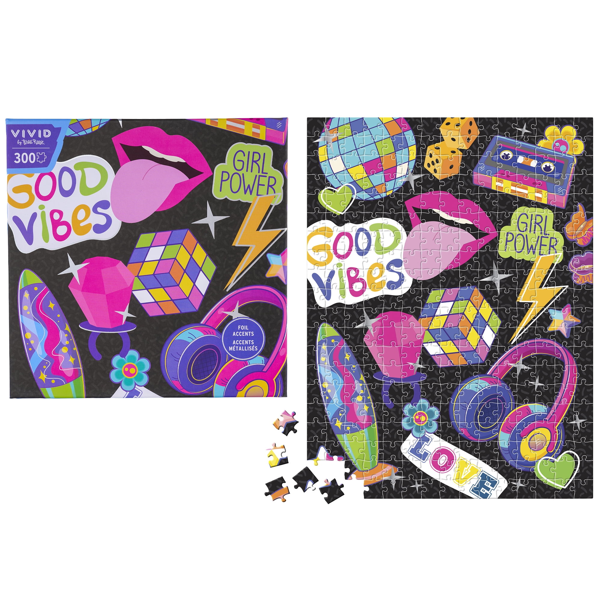 Vivid by Brea Reese: 300 Piece Puzzle - Funky Icons, Retro Neon Nostalgic Collage Jigsaw, Metallic Foil Accents, Soft-Touch, Image Reference Poster