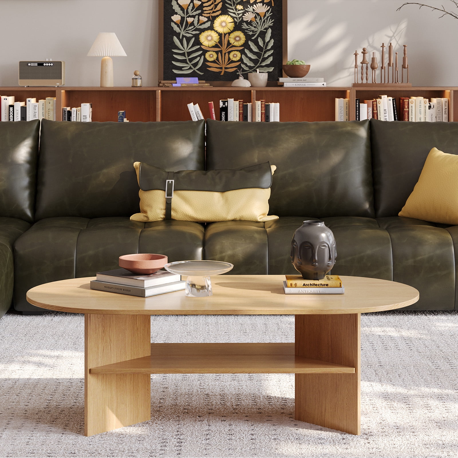 Gelloan 47" Modern Coffee Table,Oval Coffee Table,Double-layer Coffee Table with Sturdy Pedestal for Apartment,Living Room,Bedroom,Natural