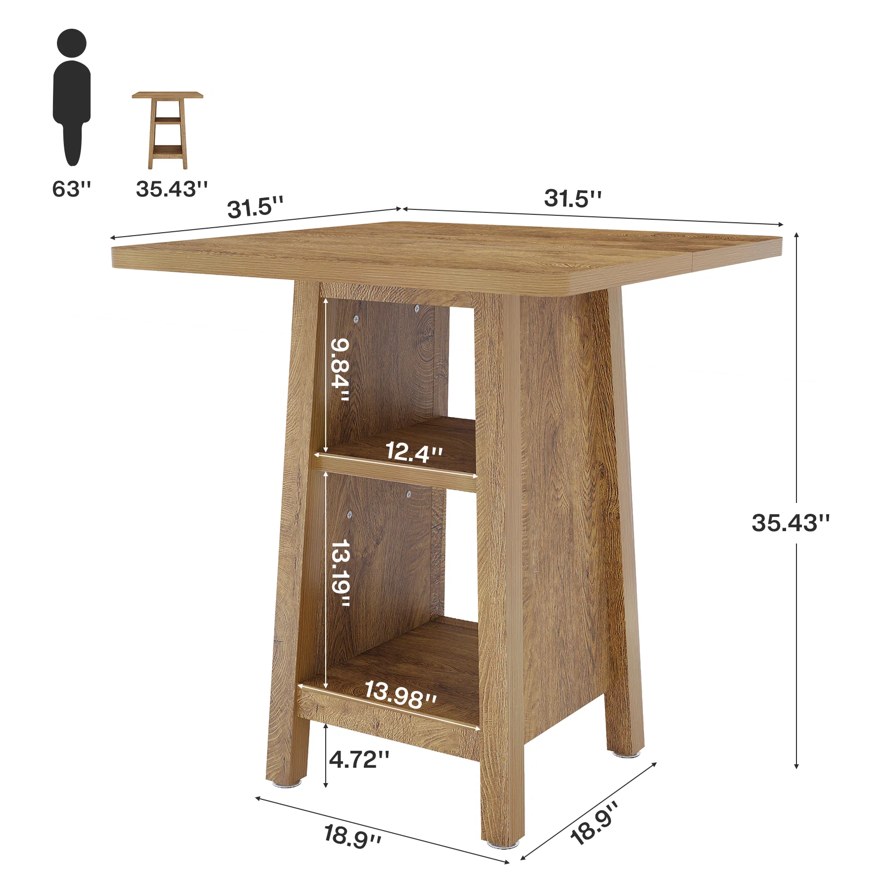 Hommoo Modern Square Bar Table with 3-Tier Open Shelving, for Kitchen, Living Room or Apartment Dining, Walnut