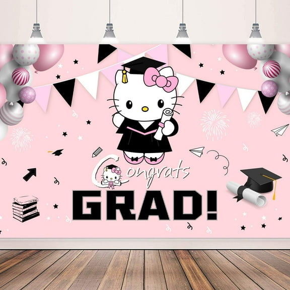 Yerwa-Hell0 Kity Pink Graduation Decorations 2025 Backdrop Banner Class of 2025 Pink Photography Background Congrats Grad Backdrop for Graduation Party Supplies Favors