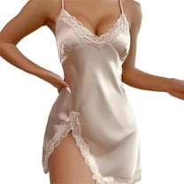 WTOBBY Women's Lace Trim Sleep Dress Sheer Mesh See-through Sexy Nightgown Spaghetti Strap Comfortable Nightwear Summer Pajama Home Wear,Champagne XL