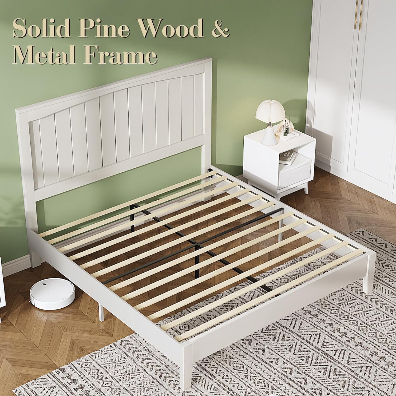 VanAcc Full Size Solid Wood Bed Frame with 48.4" Tall Headboard, Mid-Century Modern Platform Bed with Wooden Slats, Easy Assembly, White
