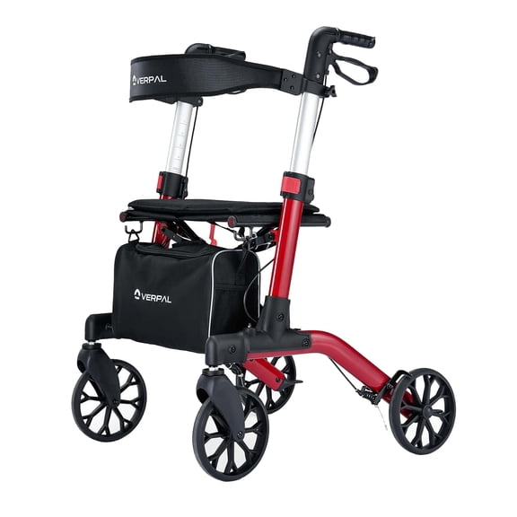 VERPAL Mobility Rollator Walker with Seat and Backrest for Seniors,Foldable and Adjustable Height Rolling Walker for Adults, 350 lbs Weight Capacity, Red
