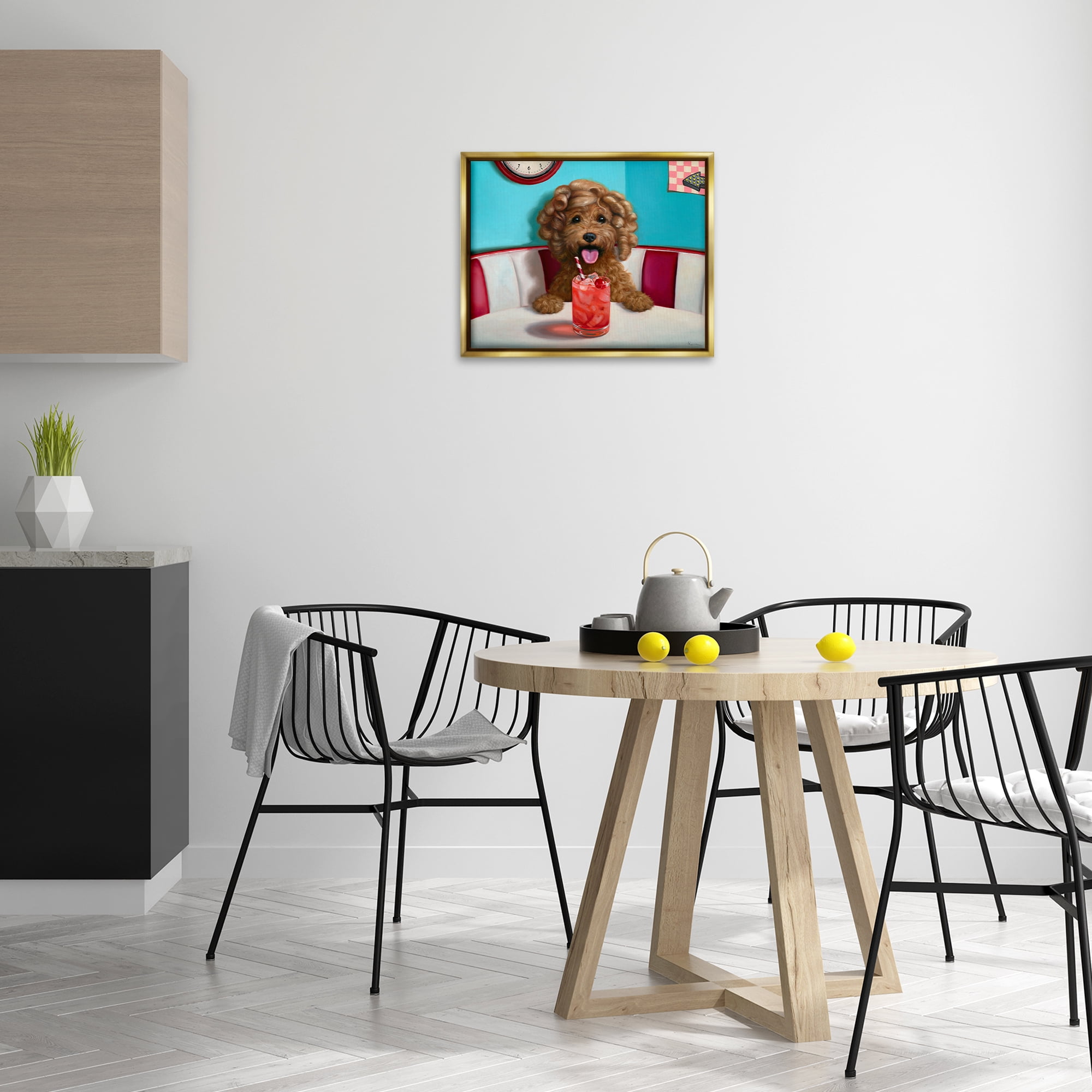 Stupell Industries Dog at Diner with Drink Food & Beverage Painting Gold Floater Framed Canvas Art Print Wall Art, 21 x 17
