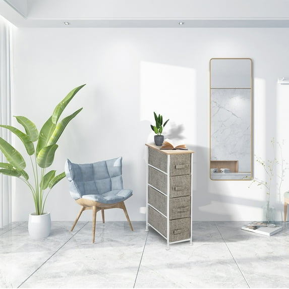 Cfowner Narrow Dresser, Vertical Storage Unit With 4 Fabric Drawers, 7.9" Width, For Living Room, Kitchen, Linen / Natural