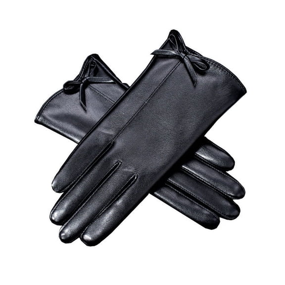 Women's Leather Gloves Full Touch Screen Driving Electric Car Fashion Autumn And Winter Plus Velvet Padded Warm Gloves Black L