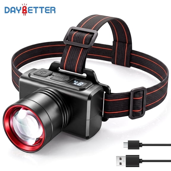 DAYBETTER Rechargeable LED Headlamp with Digital Display, Zoomable 3 Modes Headlight, 1200mAh Type-C Charge, Waterproof for Camping Climbing Hiking Running