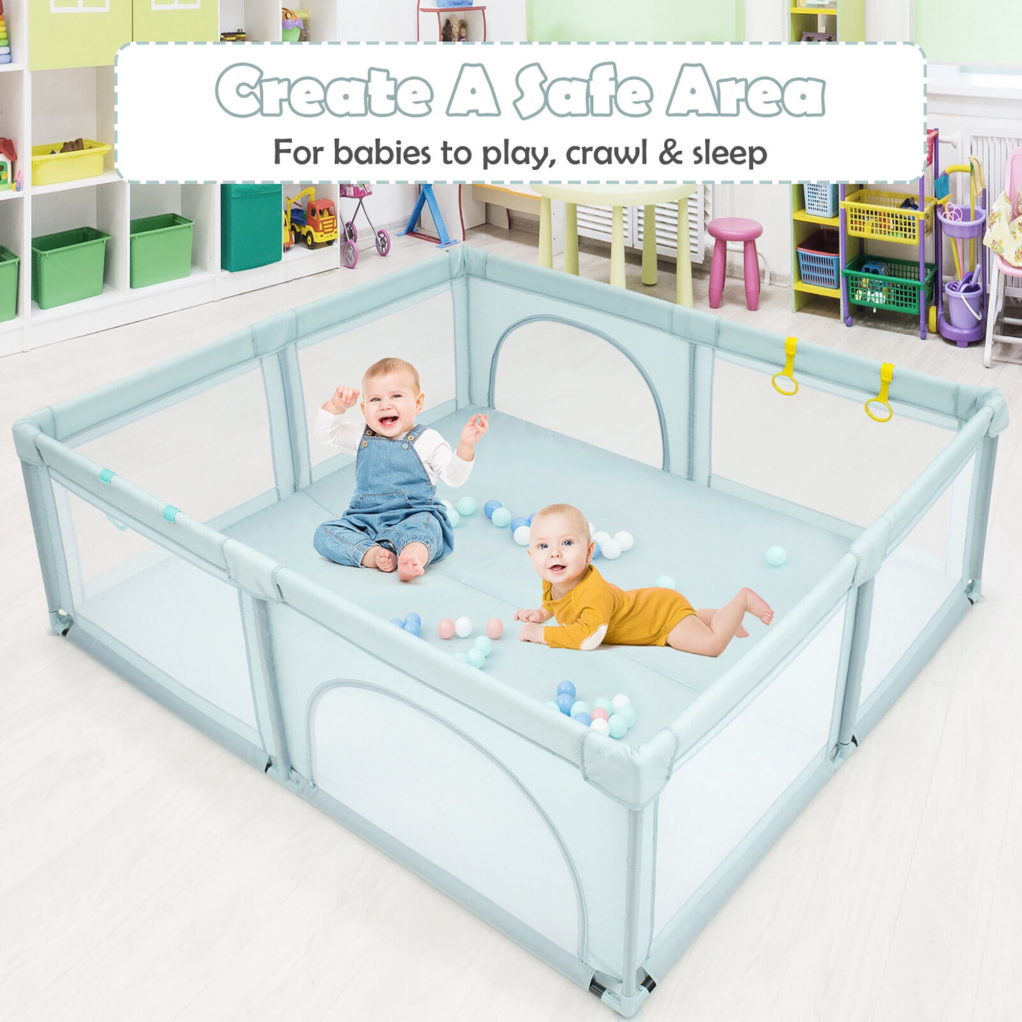 Gymax Extra Large Baby Playpen Safety Baby Play Yard w/ 50 Ocean Balls & 4 Handles Blue