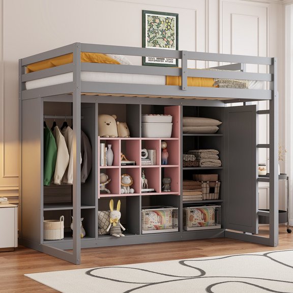 Duxelifin Twin Loft Bed with Storage Shelves and Cabinet, Wood Loft Bed with Wardrobe and Ladder for Teens Adults, Gray Pink