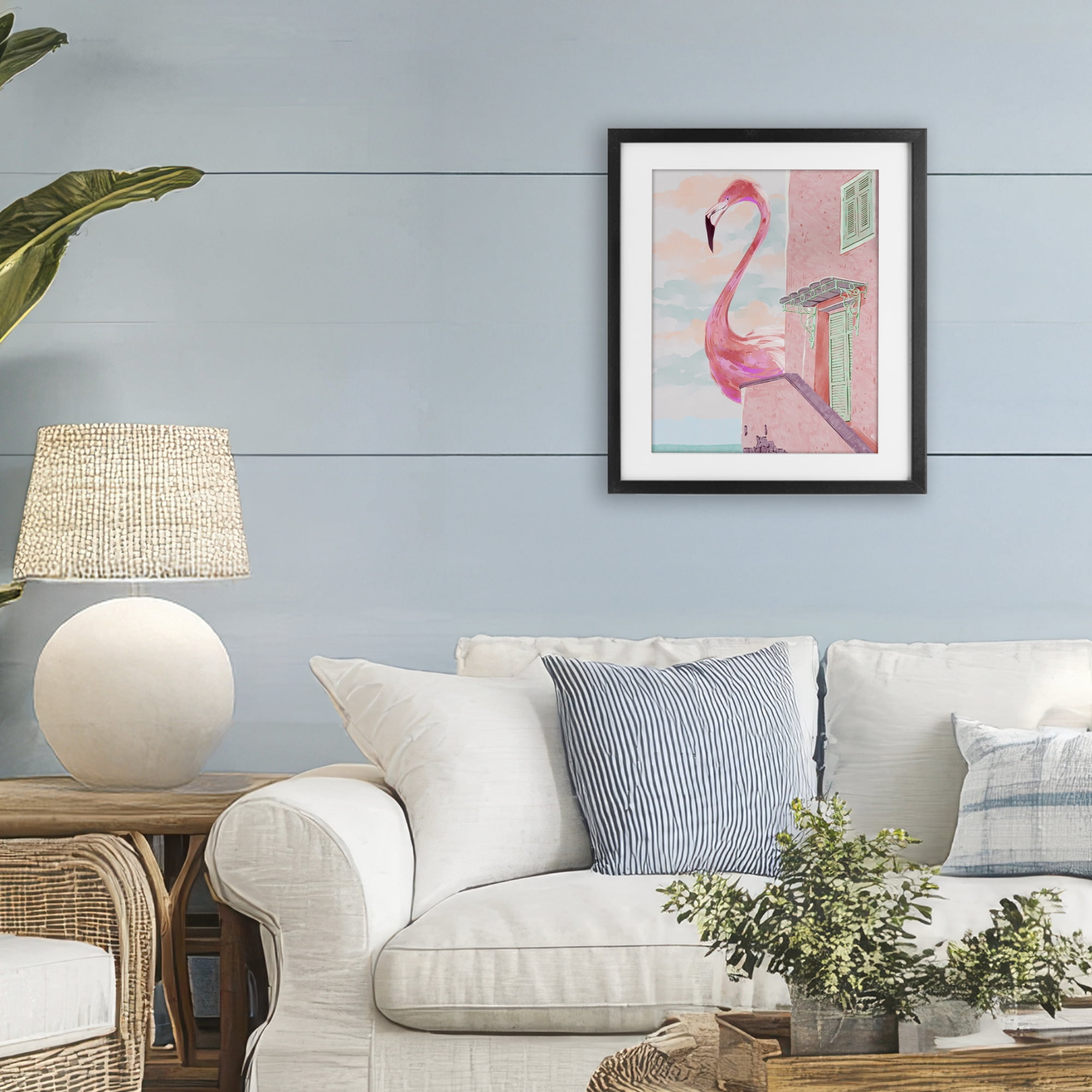Stupell Industries Giant Flamingo with Seaside Balcony Black Framed Print Under Glass, design by Ziwei Li