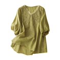 thumbnail image 4 of Women's Short Sleeve T-shirt Embroidered Tops For Women Floral Cotton Linen Tunic Tshirt Tee Women 3/4 Sleeve V Neck Button Boho Ethnic,Yellow Women's Short sleeve T-shirt XXXL, 4 of 7