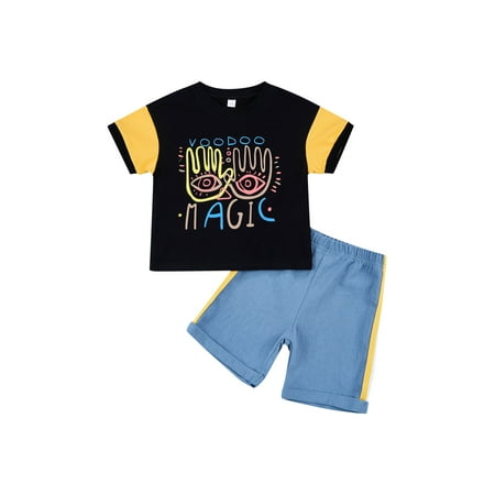 

Nokpsedcb Toddlers Baby Boy Short Sleeve Tops + Shorts Infants Letter Print Color Matching Elastic Waist Short Pant Summer Clothing Black Blue 18-24 Months