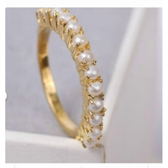 Fresh Water Pearl Half Eternity Wedding Band,Sterling Silver Dainty Pearl Diamond Band, Women Jewelry, Bridesmaid Promise Band For Her Gift