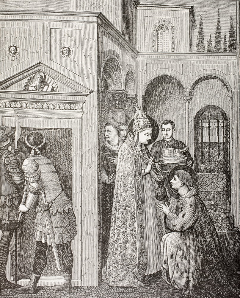 Pope Sixtus Ii Or Pope Saint Sixtus Ii - 258 Seen Here Handing Church Treasures To St Laurentius For Distribution To The Poor After A Painting By Fra Angelico From Military And Religious Life In The