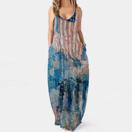

Hvyesh Summer Dresses Women 2023 Plus Size Loose Fit Maxi Dress Independence Day Graphic V Neck Sundresses Spaghetti Strap Sleeveless Breathable Dresses Light Blue