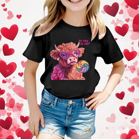 SNKSDGM Girls Girls Shirts Size 7-8 Birthday Girl Shirt 7 Years Old Black Valentine's Day Children's Short Sleeve Top Printed T Shirt Casual Shirt 6-7 Years