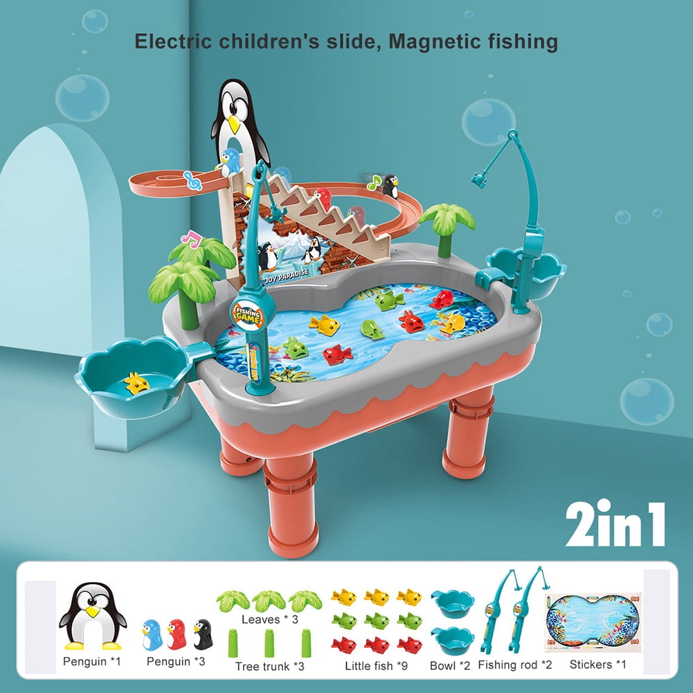Kids Water Table Toys Fishing Table Games，Electric Penguin Stair Climbing Playset Age 1-6 - 14*10*15inch