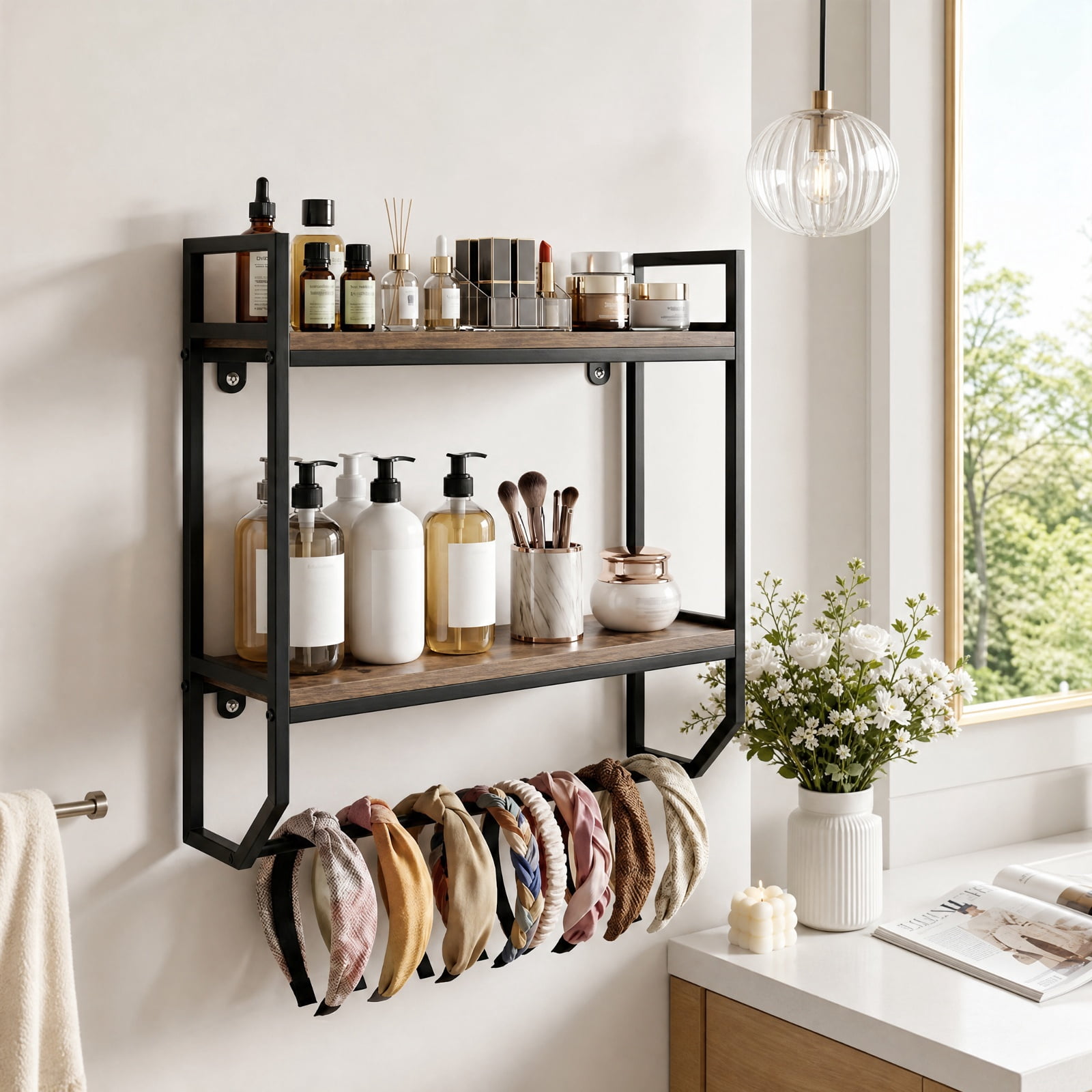 Vebreda Over-the-Toilet Storage Shelf with Metal Frame & Towel Bar, 2-Tier Wall-Anchored Bathroom Space Saver Organizer Rack Above Toilet, Rustic Brown