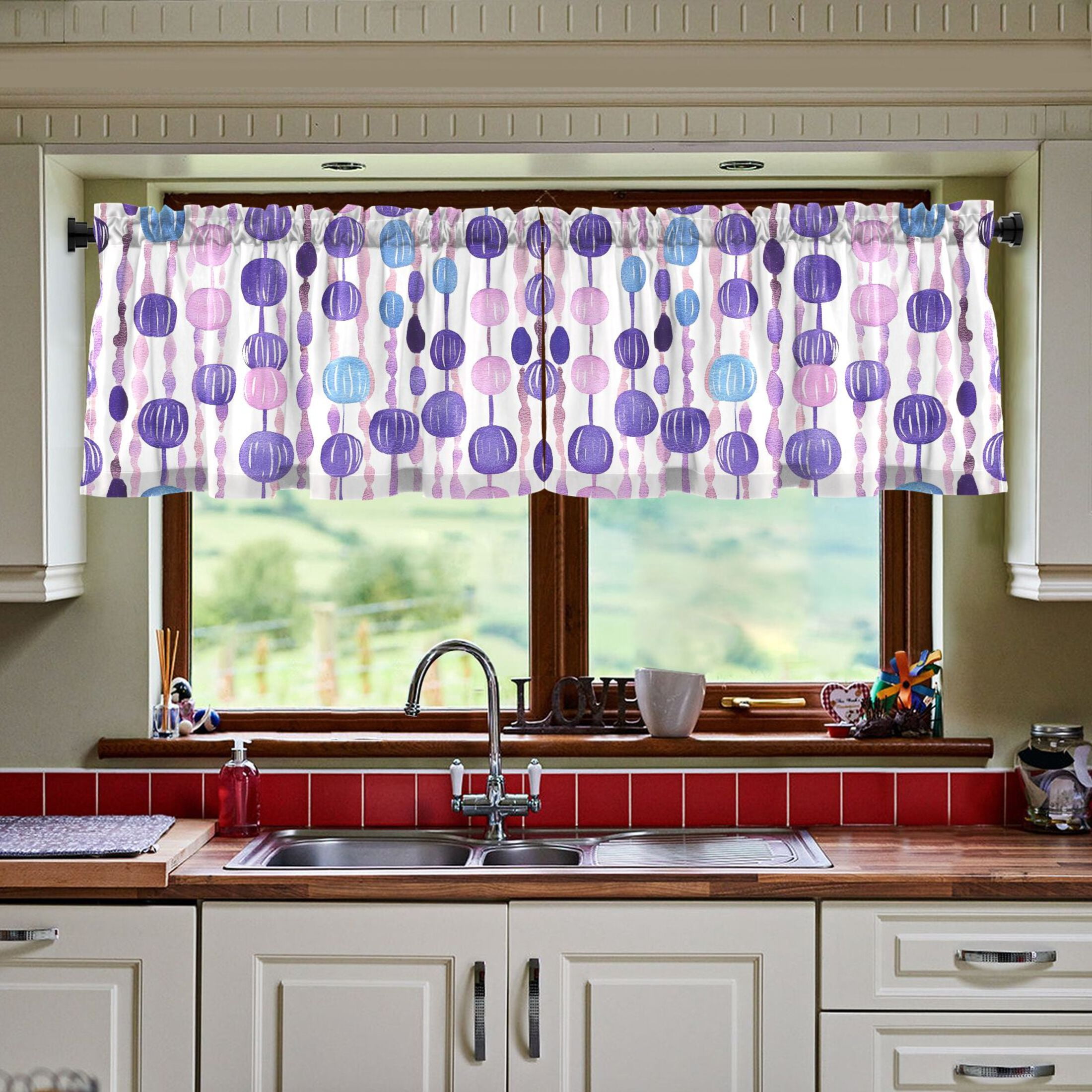 Purple and Blue Bead Pattern Tier Curtains for Kitchen 57x24 Inch Semi Sheer Light Filtering Half Window Curtains 2 Panels