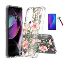 Phone Case for Motorola Moto g 5G 2022, Design Transparent Hybrid Case Cover with Tempered Glass Screen Protector (Pink Rose)