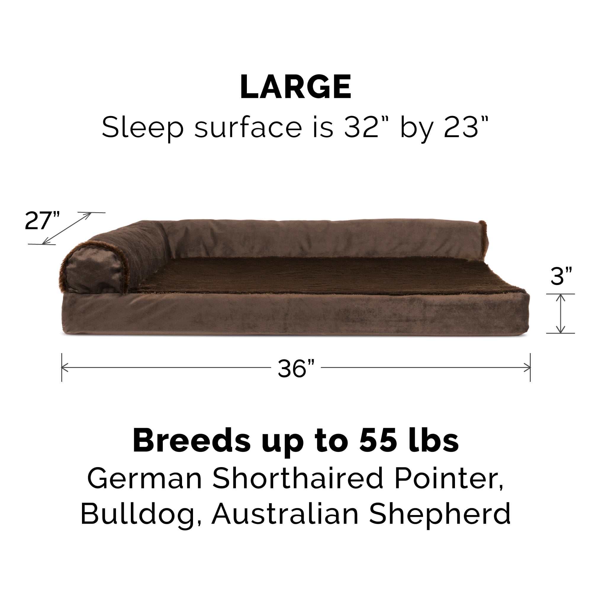 FurHaven Plush & Velvet Deluxe L-Chaise Lounge Orthopedic Sofa Pet Bed, Sable Brown, Large, 1 Count