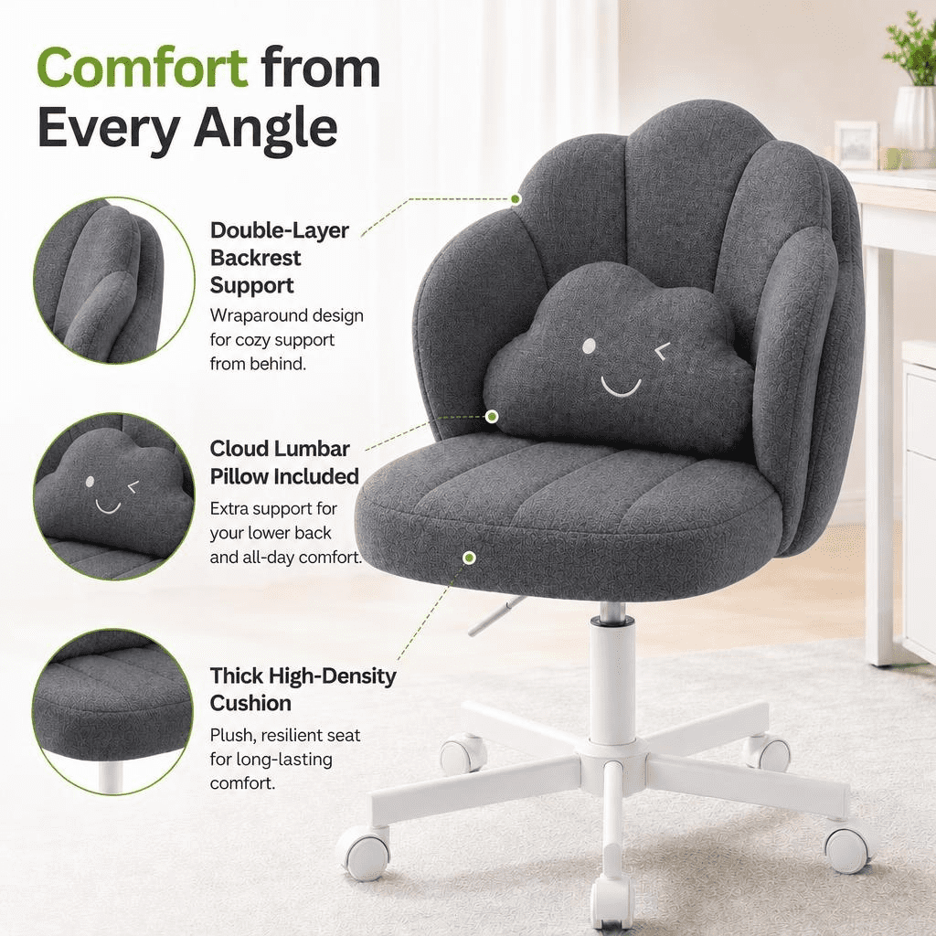 CloudRest Pro Vanity Desk Chair ,18.5" Extra Wide Seat Height Adjustable Furry Desk Chair with Cloud Pillow for Living Room & Bedroom,