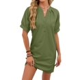 thumbnail image 3 of Women'S Solid Color Casual V-Neck Tie Waist Short Sleeve Dress Midi Summer Shift Dress Green S, 3 of 9