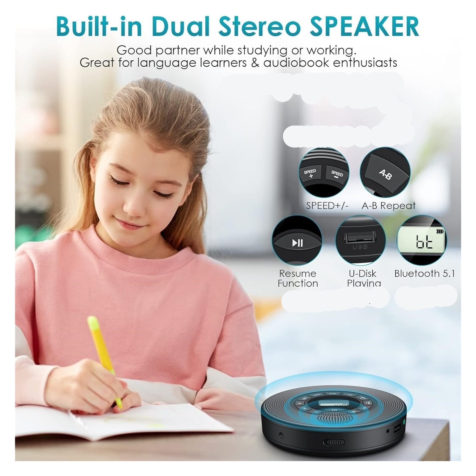 Bluetooth CD Player with USB Port Stereo Sound Audio Output and Language Repeat Function ,Multi-Functional