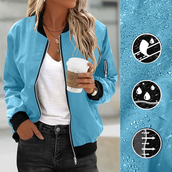 Zip Up Casual Jacket for Women Oversized Long Sleeve Coat Light Windbreaker With Ribbed Cuffs Pockets Sky Blue M