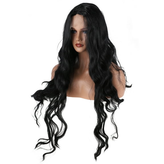Unique Bargains Lace Front Wigs For Women Girl 26" Black Long Water Wave with Wig Cap