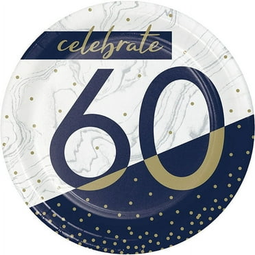 96 Count Bulk Pack Navy and Gold 60th Birthday Dessert Plates
