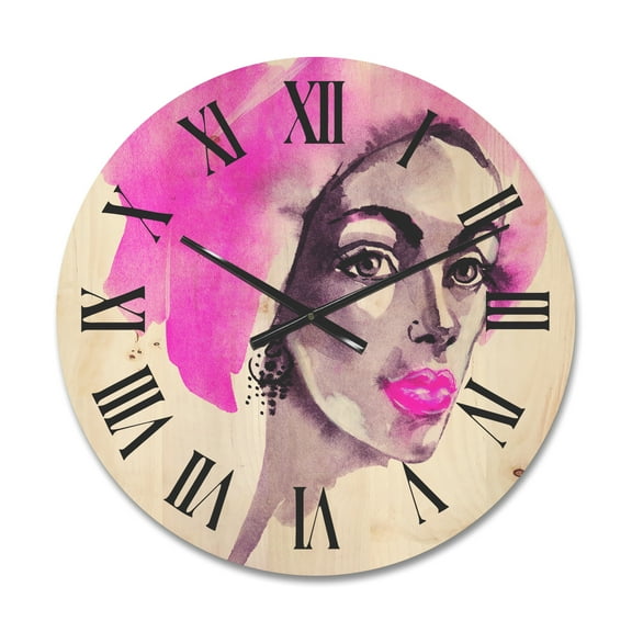Designart 'Afro American Pink Woman Fashion Portrait' Modern Wood Wall Clock