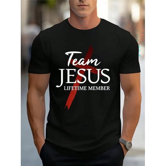 Team Jesus Graphic Print T-Shirt For Men Casual Short Sleeve Tee 1 Pcs 100% Cotton - Comfortable Crew Neck, Soft Adorable Tees Tops