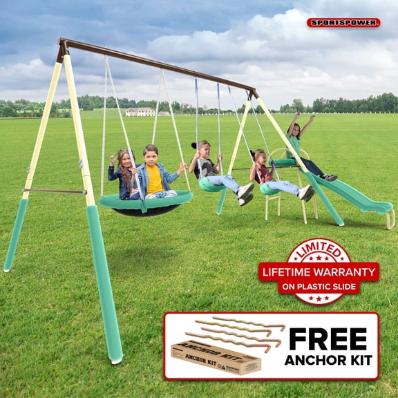 Sportspower Super Saucer Metal Swing Set with Padded Saucer Swing, Lifetime Warranty on Blow Molded Slide, and BONUS Anchor Kit