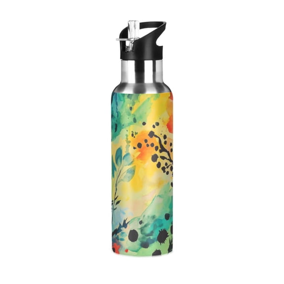 Yayeee 20oz Insulated Water Bottle Double Wall Stainless Steel with Flip Straw Lid, Colorful Plants