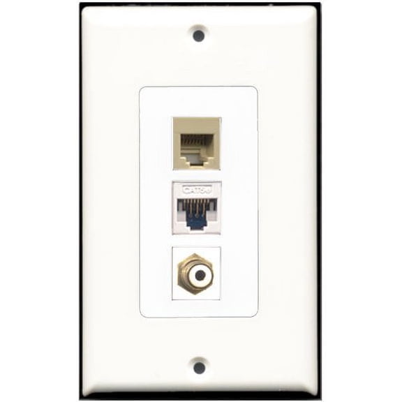 RiteAV - 1 Port RCA White 1 Phone RJ11 RJ12 Beige 1 Cat5e Ethernet White Wall Plate Decorative