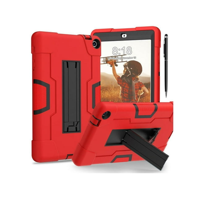 Étui pour Onn 8 Pouces 2022 Gen 3 2022 Modèle 100071483 avec Béquille, Étui de Protection Antichoc Robuste avec Stylet. Doté d'Une construction durable en silicone Rouge et Plastique Noir, d'Un Béquille Intégré pour une Vision Mains Libres, et de Découpes Précises pour l'Appareil Photo, le Haut-Parleur et le port de Chargement. Comprend un Stylet 2-en-1 pour l'Utilisation d'Écran Tactile et l'Écriture.