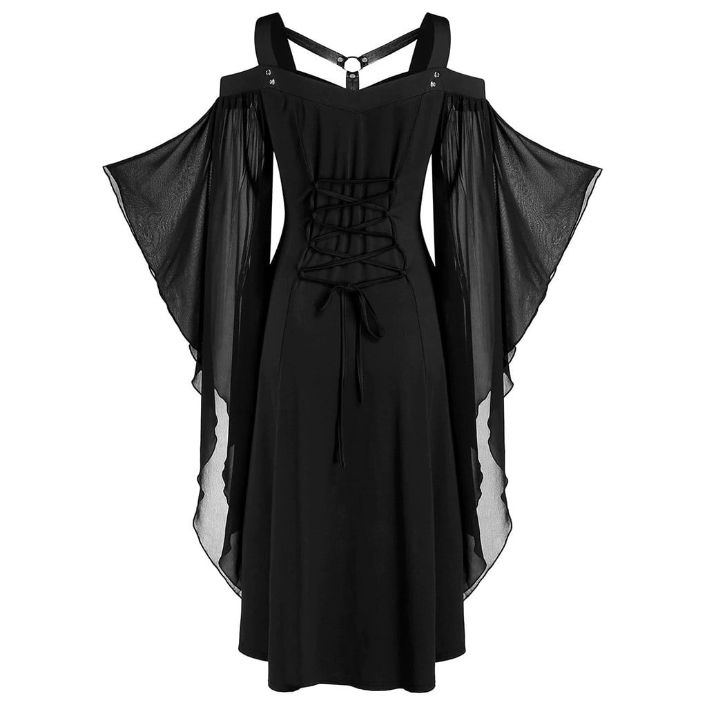 Dresses for Women Summer Women Halloween Plus Size Open Shoulder Lace Half Sleeve Gothic Dress 