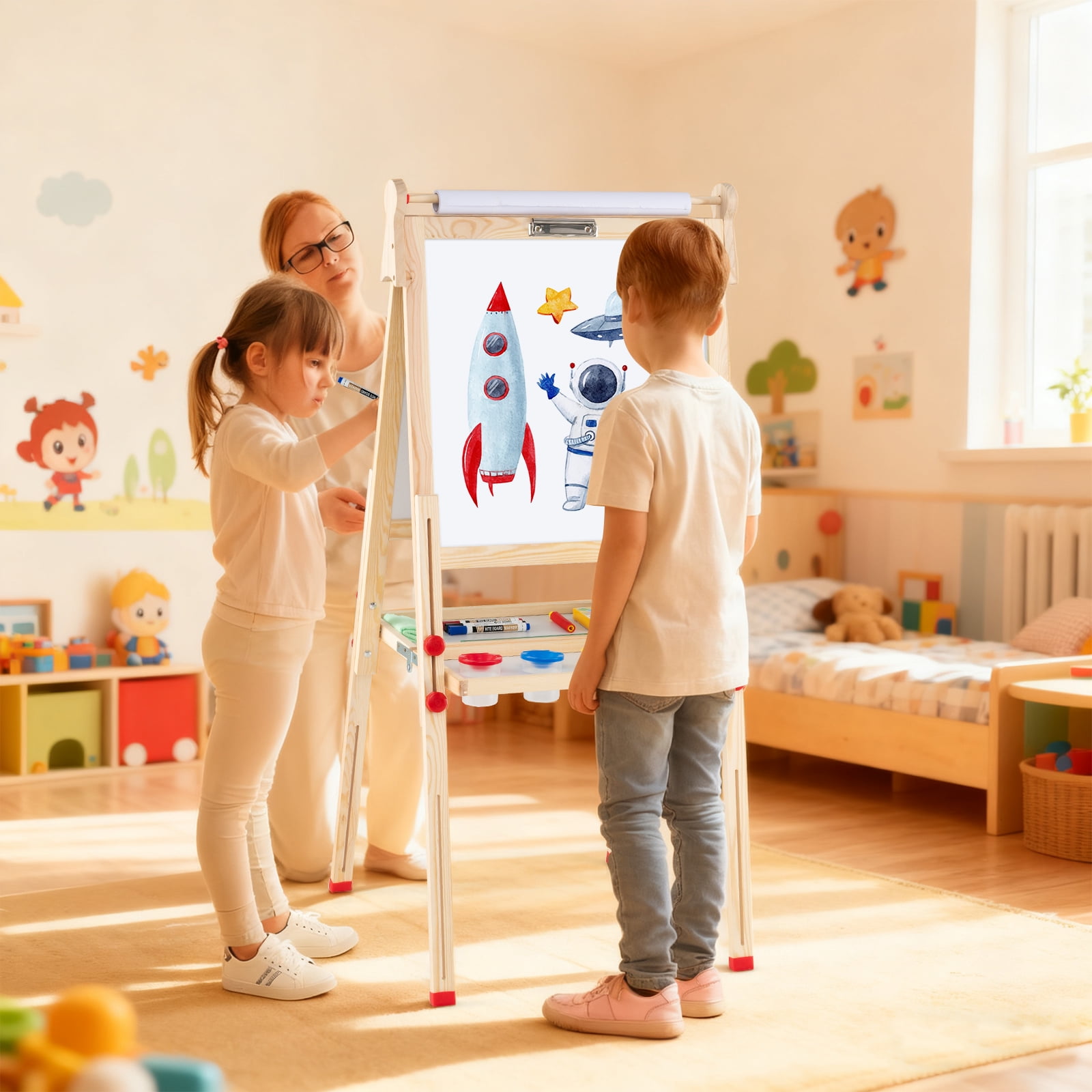 Gymax Wooden Art Easel for Kids 3 in 1 Height Adjustable Foldable Easel