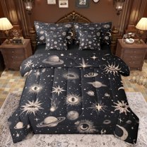 jejeloiu Stars Planet Moon 7-Piece Twin Bedding Sets,Universe Galaxy Bedding Comforter Set,Beige Black Sheet Sets For Adults,Microfiber Bedroom Decor Reversible