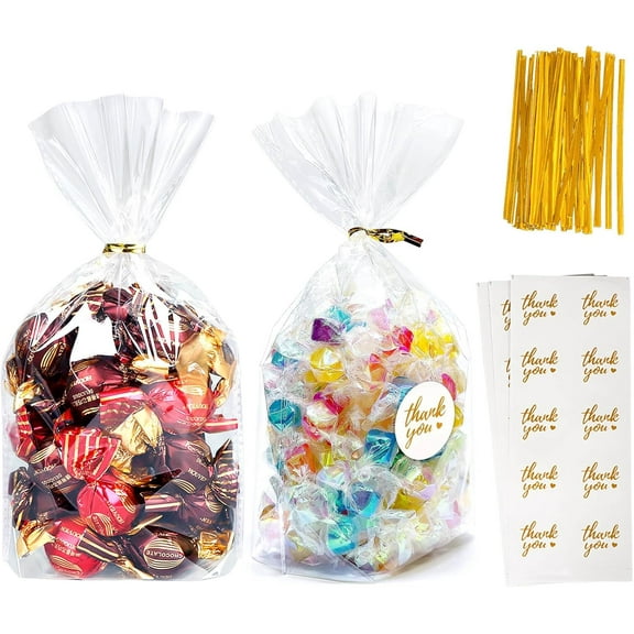Piokio 100Pcs 6"x 9" Bottom Gusset Bags, Clear Cellophane Treat Bags for Gift Wrapping, Party Favors, Candies, Cookies, Chocolates, Popcorn.