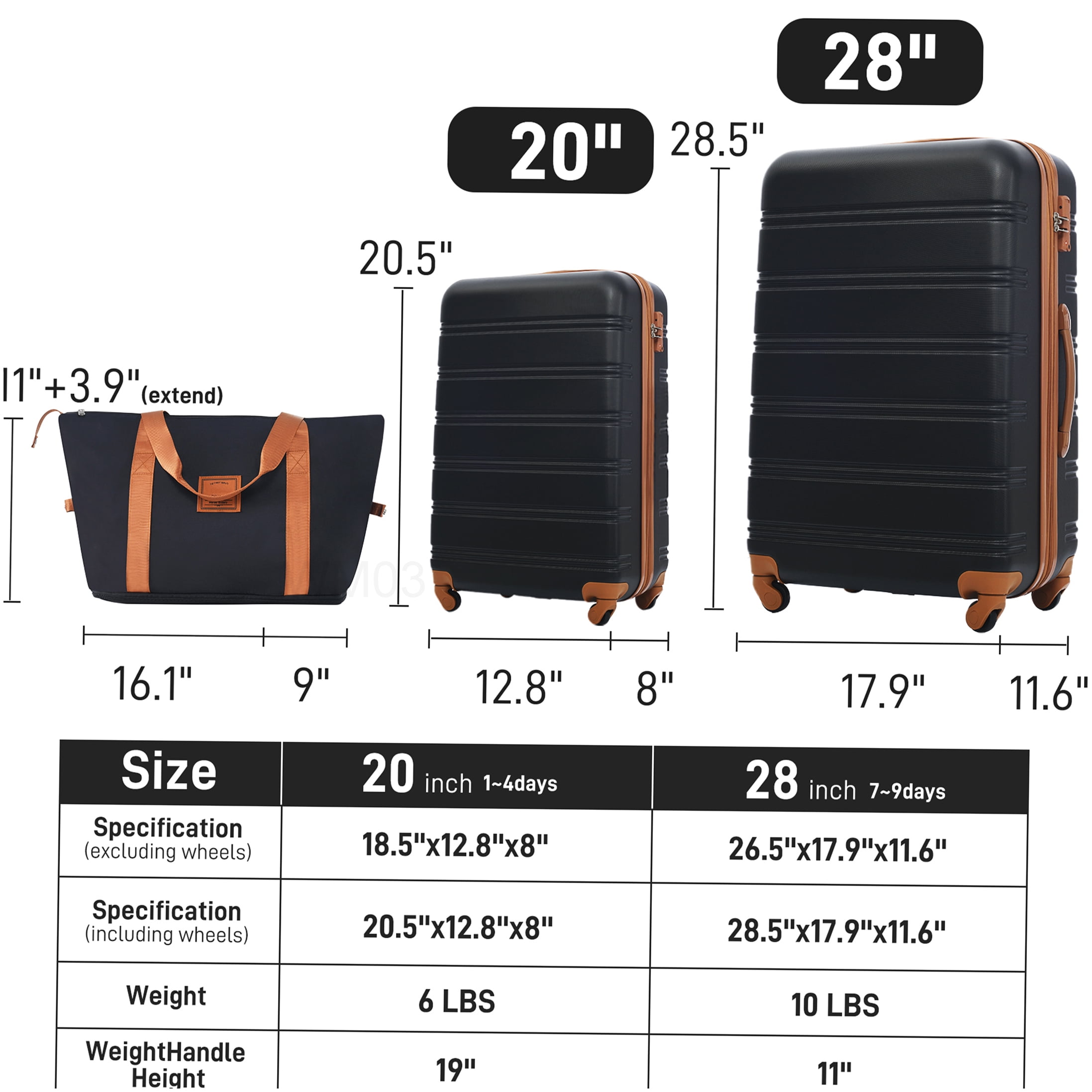 Lightweight ABS Hardshell Suitcase Set with TSA Lock, 20" & 28" Expandable Spinner Luggage in Black/Brown