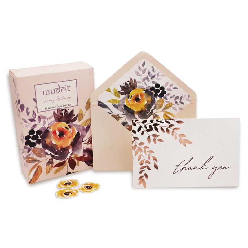 40 Blank Gold Foil Thank You Cards with Liner Envelopes & Floral Stickers for Weddings, Bridal Shower, Engagement, Baby Shower, Business