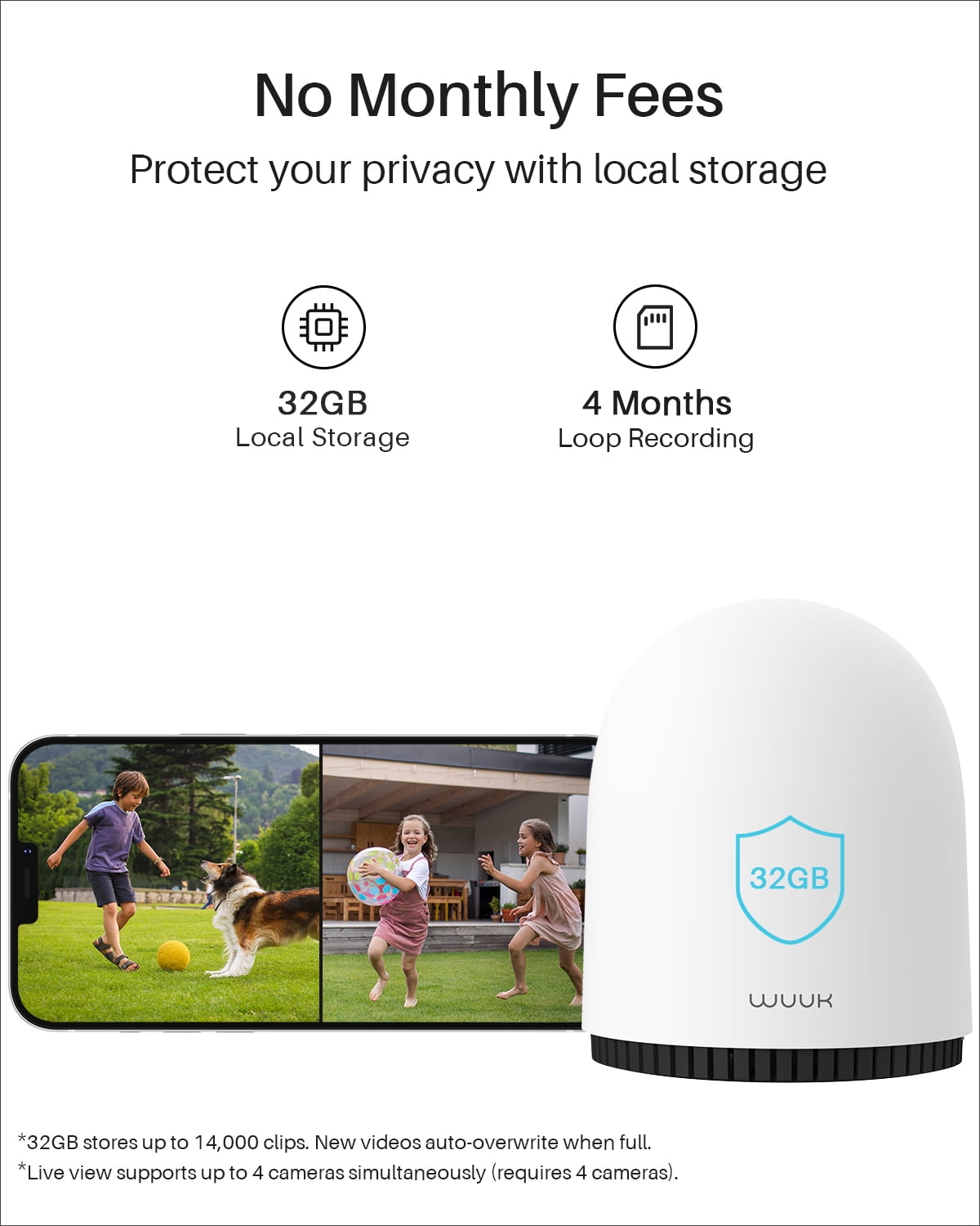 WUUK Security Camera Wireless 2K, Outdoor, Indoor, Homebase Included, No Monthly Fees, 32GB Storage, 2.4/5 GHz WiFi, 240 Days Battery Life, Night Vision, Compatible with Alexa & Google, 2 Cams Pack